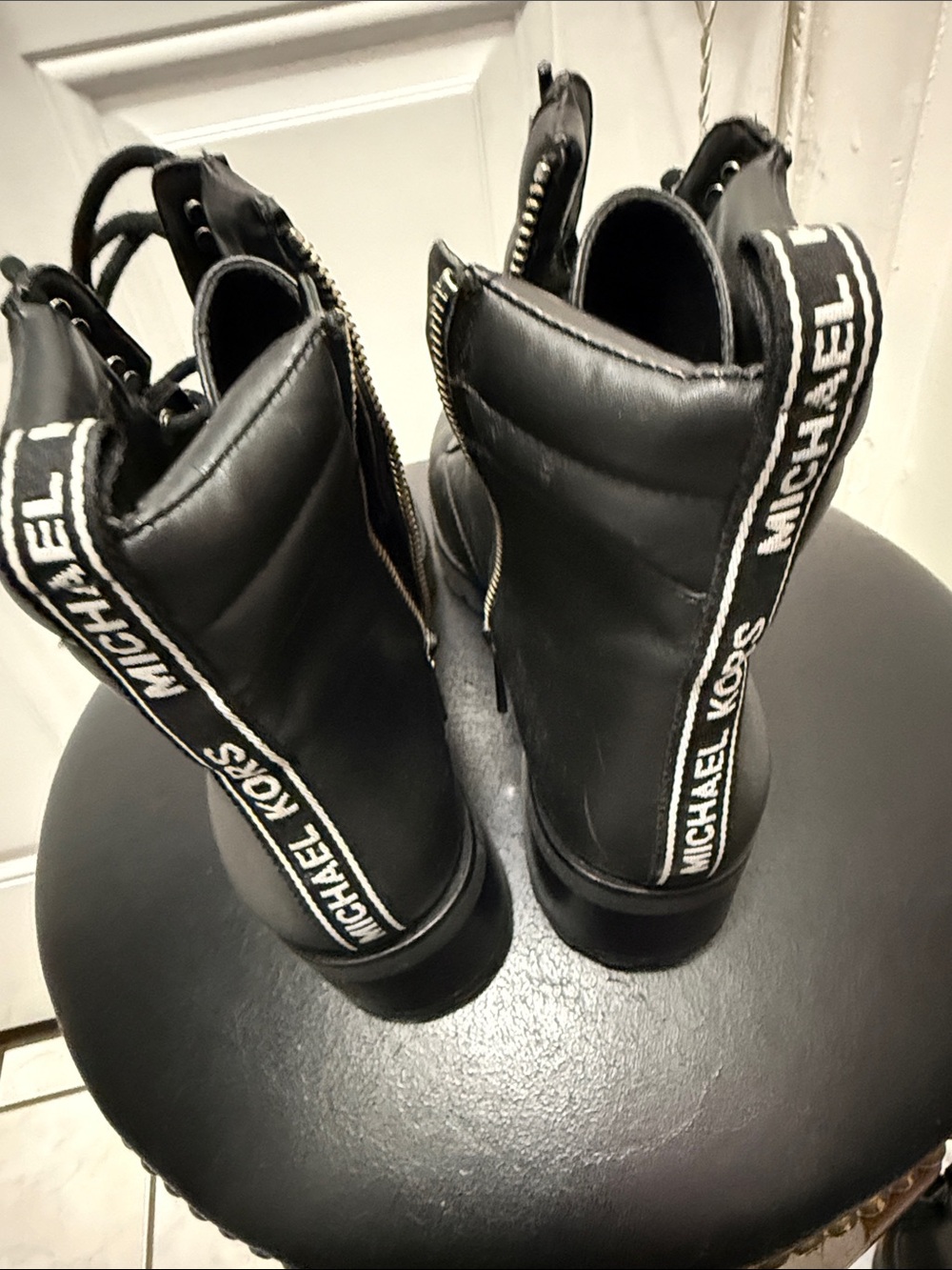 Michael Kors Black Leather Lace-Up zip up Ankle Boots with Branded Heel Tab